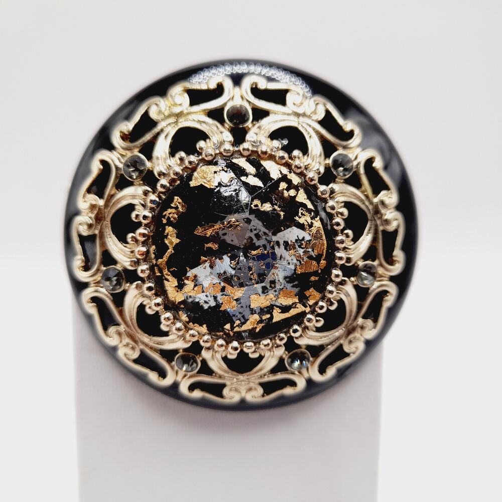 Chico’s Black Gold Art Glass Statement Brooch NWT Rhinestones Elegant